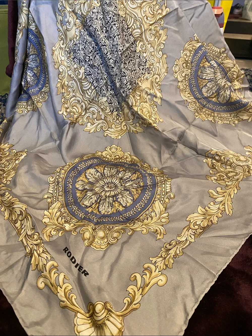 RODIER Gray Scarf with Gold and Blue Medallions